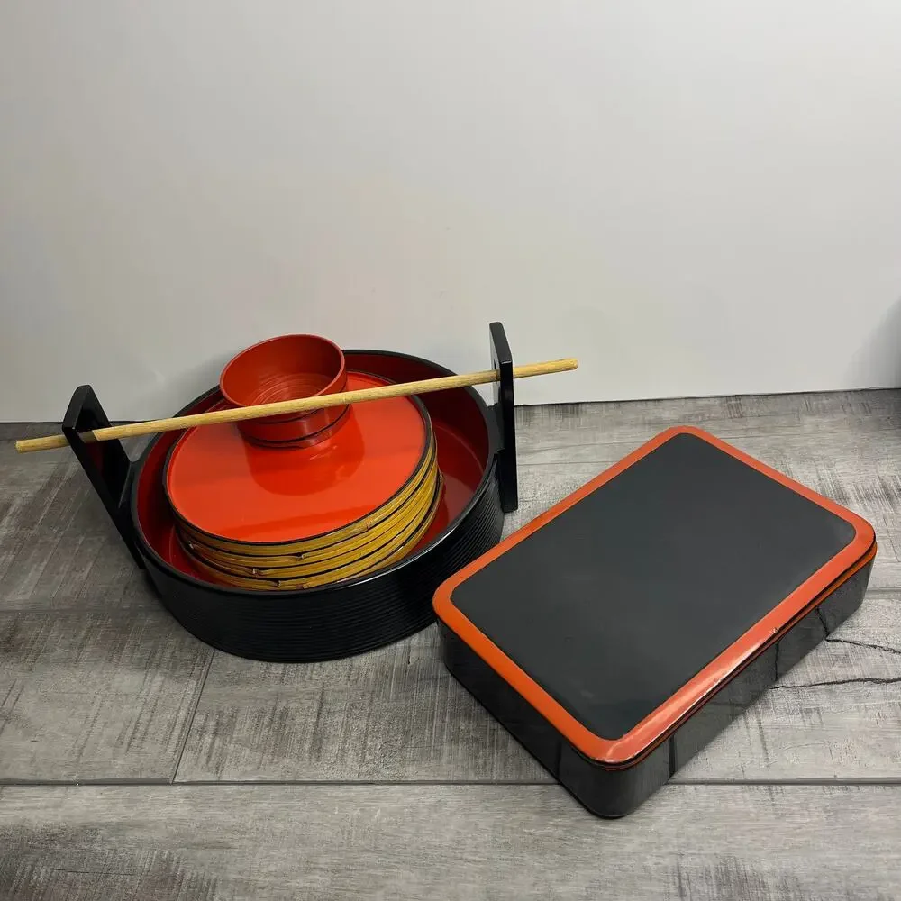 Vintage Asian Red Black Laquer Sushi Bamboo Plate Bento Box Set